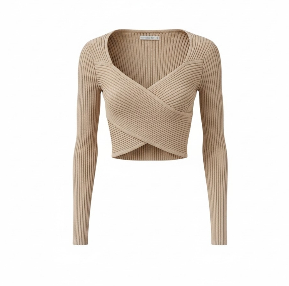 Abercrombie & Fitch Y2K Ribbed Crossfront Crop Sweater - Oatmeal